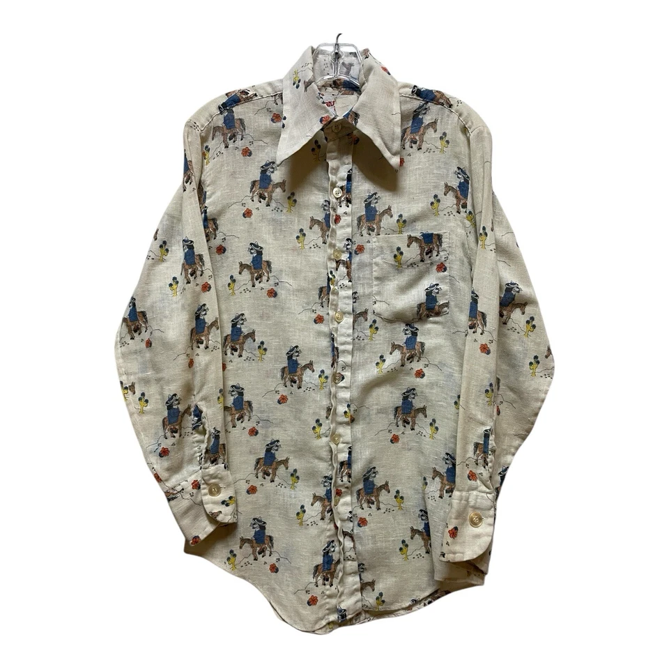 Vintage 70s Disco Western Rockabilly Rare Shirt Witch/Dog Riding Horse Cowboy - Image 1 of 4