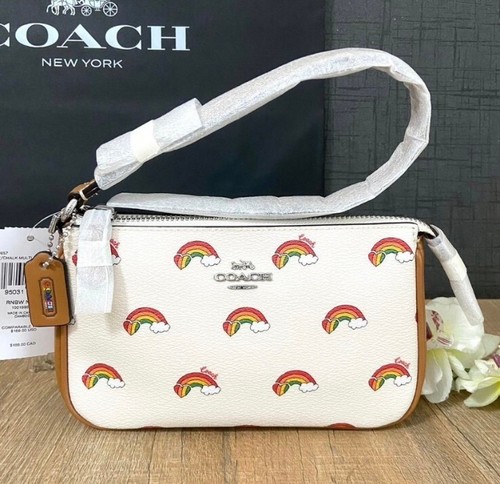 Polso nuovo con etichette Coach CJ657 Nolita 19 W stampa arcobaleno tela e pelle gesso multi