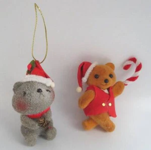 Vintage Lot FLOCKED Christmas BEAR Scruffy SQUIRREL Santa ORNAMENT Decor Retro - Picture 1 of 4