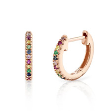 Natural Multi Sapphire Gemstone Huggie Multi-Color Earrings 14k Rose Gold