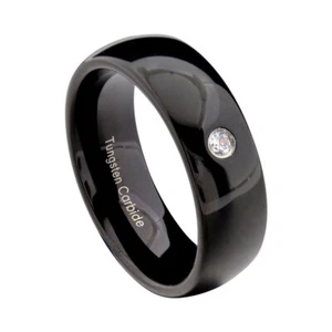 8mm Black Tungsten Carbide Men Wedding Engagement Band Ring Round CZ Solitaire - Picture 1 of 10