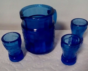 Vintage Cobalt Blue Miiniature Pitcher with 3 Glasses 4 pc. Lot - Picture 1 of 4