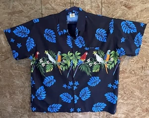 XL Hawaiian Style Shirt by Rima !00% Terivoile Navy, Blue, Parrots and Leaves - Picture 1 of 11