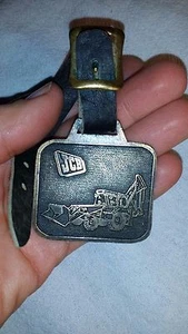 JCB Heavy Equipment Backhoe Tractor Loader Watch Fob Brass & Leather Strap  - Picture 1 of 6