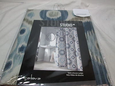 Nueva cortina de ducha de tela STUDIO M SATARA 72"x72" - azul, oliva, bronceado círculos nueva en paquete Foto 1 de 4