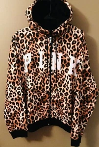 NEW MD VICTORIA'S SECRET PINK FAUX FUR LINED HOOD SLOUCHY FULLZIP Cheetah Hoodie - Picture 1 of 1