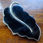 antique 2.5" art deco jet black lucite silver tone leaf dress clip brooch -S140
