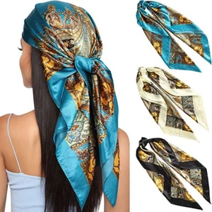 35” Large Square Satin Head Scarf - 3Pcs Satin Hair Scarves Silk Bandana Scarf H - Picture 1 of 12
