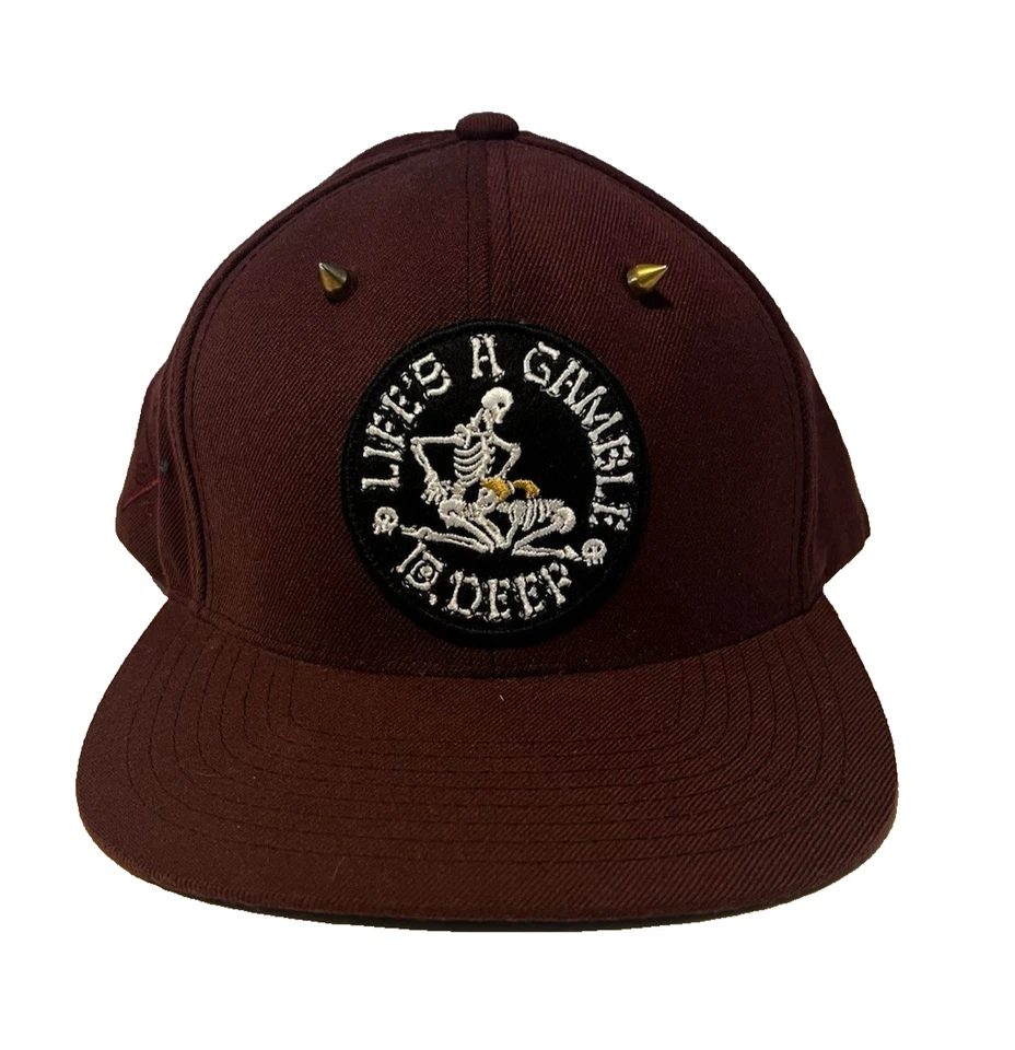 Vintage 10 Deep Maroon Snapback with Skeleton Patch and  Small Gold Spikes  - Image 1 of 4
