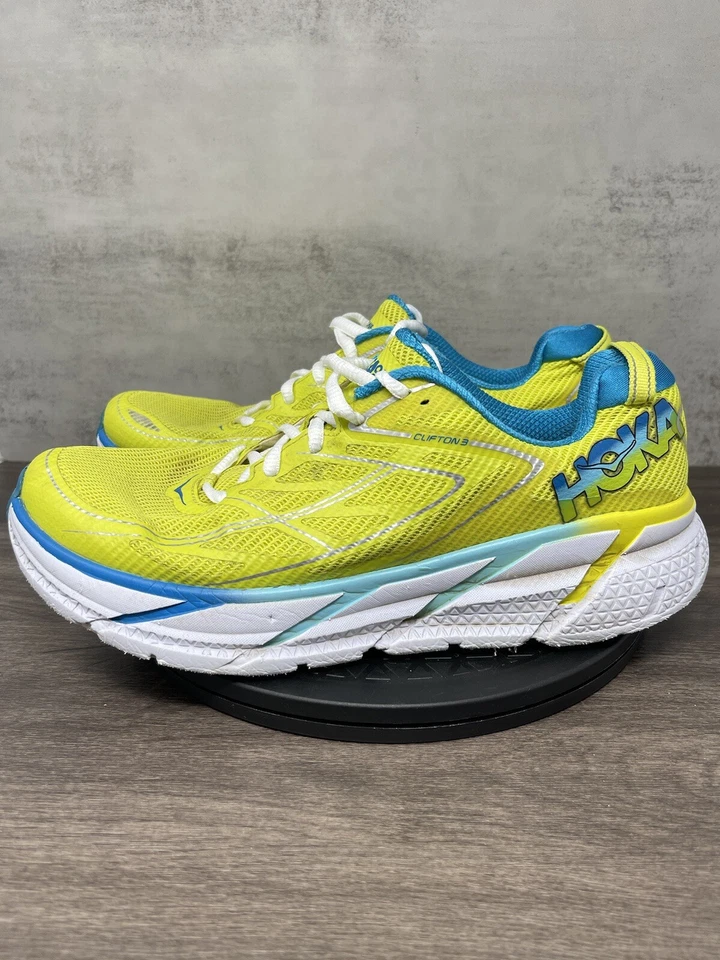 HOKA Shoes Womens 10 Clifton 3 One One Running Yellow White Blue - Image 1 of 4