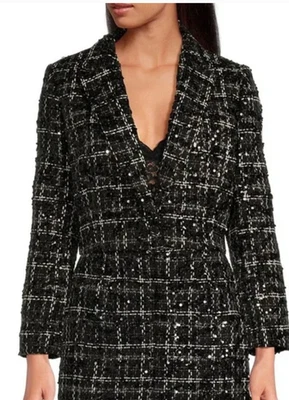 Conjunto de jaqueta Gianni Bini lantejoulas de Natal preto e branco mini saia blazer terno 4 - Imagem 1 de 4