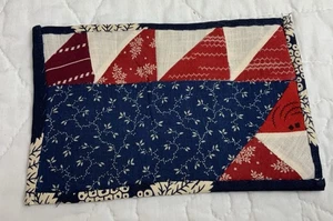 Vintage Patchwork Quilt Table Topper, Triangles, Early Calicos, Blue, Red - Picture 1 of 9