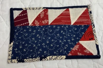 Vintage Patchwork Quilt Table Topper, Triangles, Early Calicos, Blue, Red - Image 1 of 4