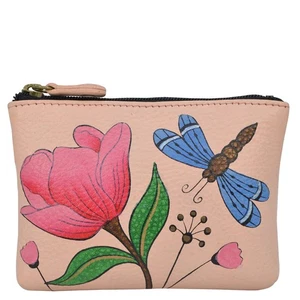 Women's Hand Painted Genuine Leather Coin Pouch - Dragonfly Garden - Picture 1 of 3