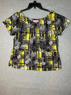 Koi Scrub Top Style 134PR Womens Large Yellow Gray Butterfly Flower Pleat - Image 1 of 4