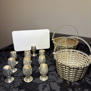 Vintage versilberte Silberkelche 10 Tischkarten Menü Halter in 2 Körben Indien - Bild 1 von 5