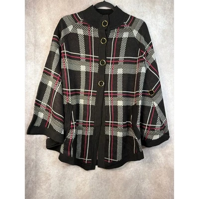 NWT Y2K Hot in Hollywood Black Cranberry Plaid Knit Cardigan Poncho Cape M/L - Image 1 of 4