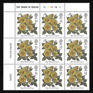 GB 1991 : QEII 33p. Roses ‘Harvest Fayre’ Cylinder Block(9) [MNH] [SG1571] - Picture 1 of 1