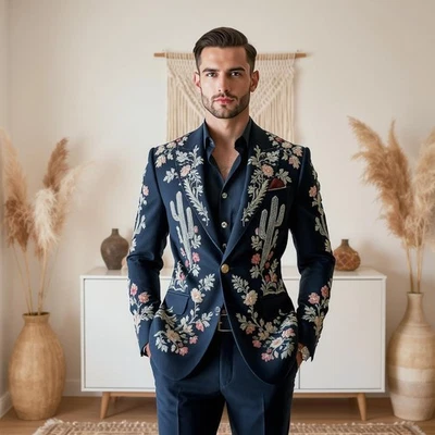 Hombres Azul 2 Piezas A Medida Floral Cactus Bordado Nudie Vaquero Occidental Baile de graduación Conjunto Foto 1 de 4