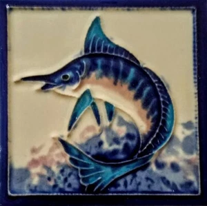 Blue Delfin jumping fr the Ocean dekorative Keramik Kunst Fliesen handgefertigt 4x4 - Bild 1 von 2