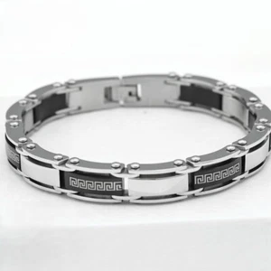 Men's 8.5"Stainless Steel,Silver Black 11mm Greek key Link Bracelet.Box - Picture 1 of 4