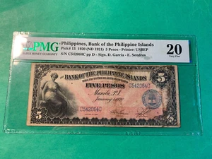 1920 5 PESO BANK OF THE PHILIPPINES ISLANDS C542046C  P-13 PMG VF 20 - Picture 1 of 2