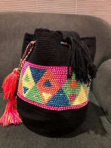 Authentic Wayuu Bag Boho Black Colorful Sparkle Rhinestones  With Tassels Large - Picture 1 of 12