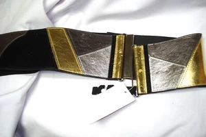 NWT ASHLEY STEWART Metalic Gold Silver Pewter Black STRETCH BELT size 1x - Picture 1 of 3