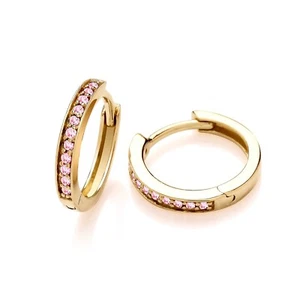 9ct Gold on Sterling Silver 925 simulated Pink Sapphire Huggie Hoop Earrings - Picture 1 of 6