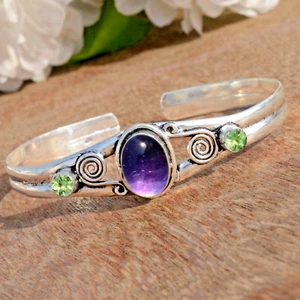 Amethyst & Peridot Cut Gemstone 925 Sterling Silver Cuff Bangle Party Wear Gift - Picture 1 of 9