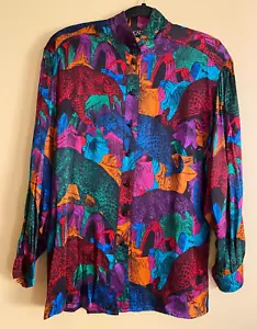 ESCADA VINTAGE SILK BLOUSE IN BRIGHT MULTI-COLOR PRINT 38 10-12 WEST GERMANY - Picture 1 of 9