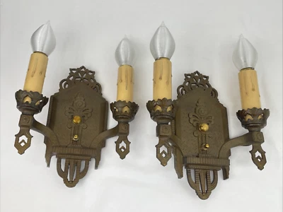RESTORED Pair Antique Vtg Wall Sconces Arts & Crafts Mission Gothic Tudor Deco - Image 1 of 4