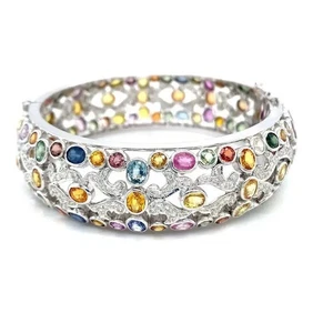 18.92 TCW Multi Cut & Color Gemstone Engagement Bangle Bracelet In 935 Silver - Picture 1 of 7