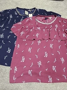 Juicy Couture Blouse size XL top Magenta & Navy Lot 2 floral Rhinestones ruffle - Picture 1 of 17