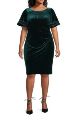 New $124 Jessica Howard Velvet Flutter-Sleeve Ruched Dress Size 12 Forest Green - Image 1 of 4