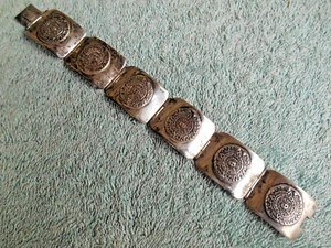 Vintage FARFAN 7 INCH Mexico Silver Mayan Aztec Calendar Panel Link Bracelet - Picture 1 of 14