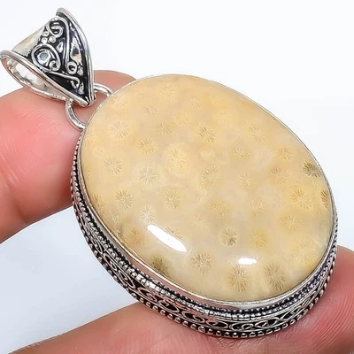Natural Fossil Coral Silver Plated Jewelry Fine Art Pendant2.15" TP22-610 - Image 1 of 3