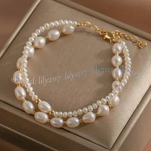 2 Rows Natural 4-5mm White Freshwater Pearl 7-8mm Rice Pearl Bracelet 7.5 inch - Picture 1 of 7