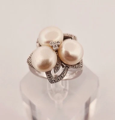 Anillo floral Demetrios plata esterlina perla y diamante genuino talla 7,75 Foto 1 de 4