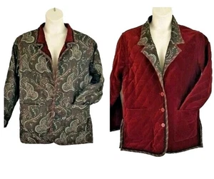 Koos Of Course Reversible Jacket Women Burgundy Paisley Quilted Coat Velvet SZ L - Picture 1 of 12
