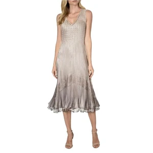 Komarov Dress XL Sleeveless V Neck Tulle Sheer Beaded Elegant Minimal Slip Brown - Picture 1 of 9