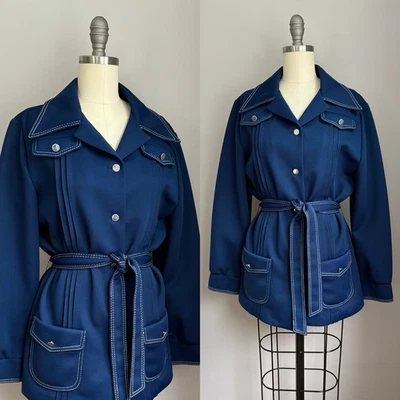 Vintage 1970’s Navy Blue Polyester Knit Dagger Collar Belted Jacket Medium - Image 1 of 4