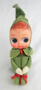 Vintage Japan Soft Rubber Christmas Googly Green Velvet Elf Knee Hugger 14" Doll - Picture 1 of 8