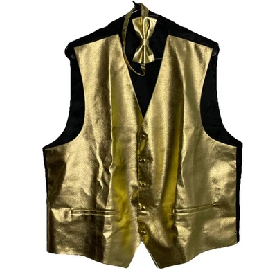 Gold Performance Vest w Bow tie LARGE 46 Dance Waistcoat Fancy Mardi Gras NYE - Image 1 of 4