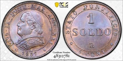 1867-R Papal States / Vatican Small Date Anno XXI Soldo PCGS MS64 BN - Image 1 of 2