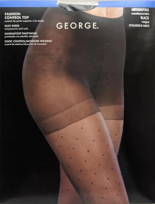 2 Pr George Fashion Mini Dot Control Top Silky Sheer Pantyhose - 5 sizes - Black - Image 1 of 4