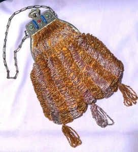 ANTIQUE DECO EGYPTIAN SLIVER REPOUSSE FLAPPER BEADED PURSE - Picture 1 of 6