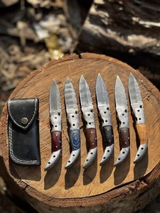 LOT of 6 piece handmade professional damascus folding knife with leather sheath - Picture 1 of 4