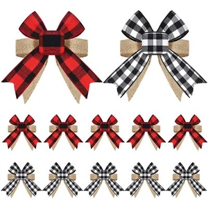 12 Pieces Buffalo Plaid Burlap Bows Christmas Wreath Bow Rustic Tree Topper C... - Picture 1 of 7