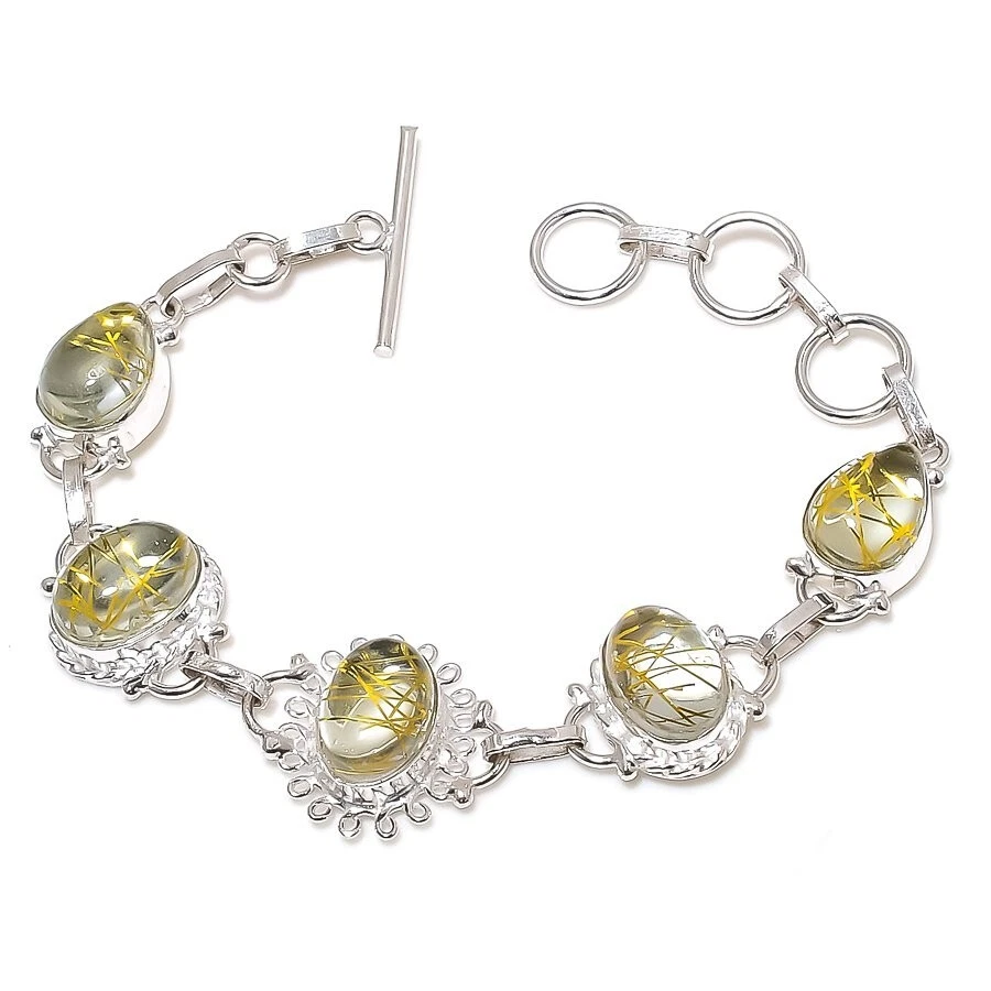 Rutilated Quartz Gemstone Handmade 925 Sterling Silver Jewelry Bracelet Size7-8" - Image 1 of 1